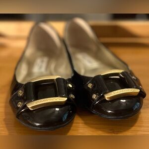 Jimmy Choo Navy Patent Ballet Flats with Gold Logo Buckle